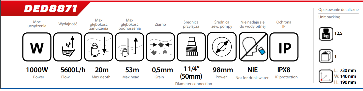 Pumpa dubinska za vodu Dedra 1000W DED8871 - Slika 3