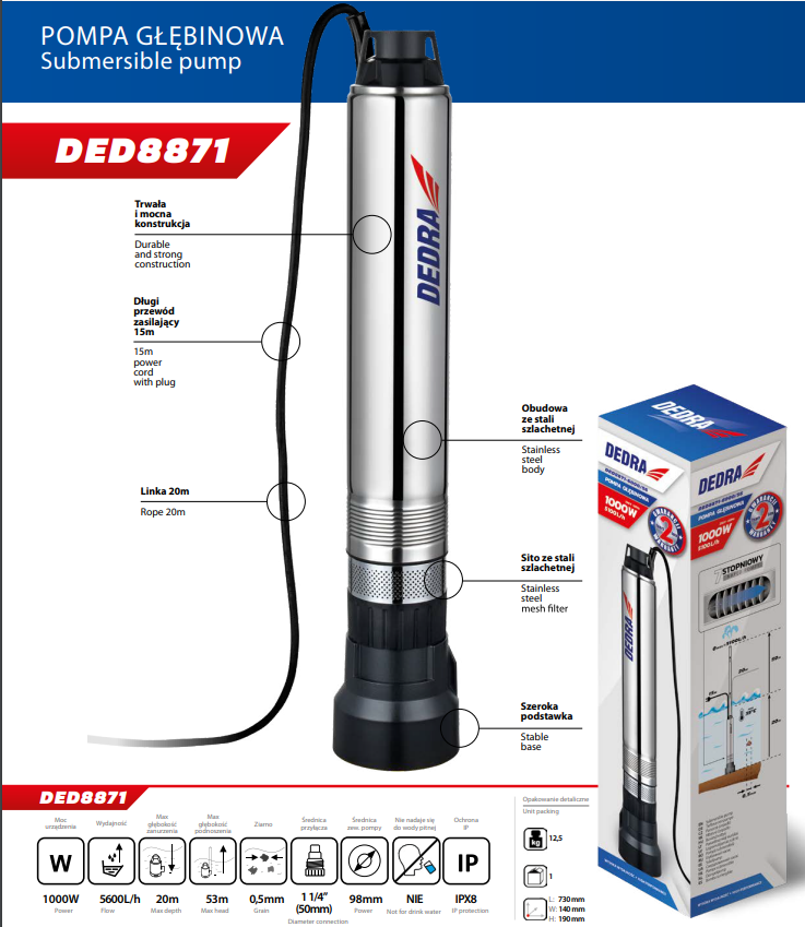 Pumpa dubinska za vodu Dedra 1000W DED8871 - Slika 2