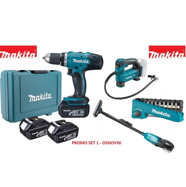 Makita promo aku set 1 -aku bušilica + 3 akum., pumpa, usisavač, bitovi