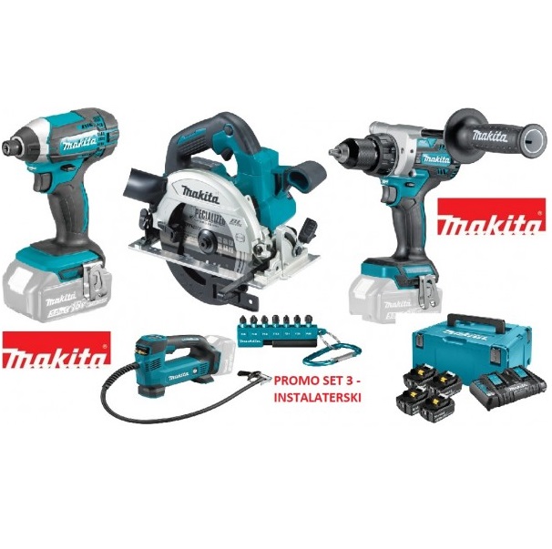 Makita promo aku set 3 - aku bušilica, ud.zavrtač, kružna pila, pumpa + 4 aku. 5,0Ah